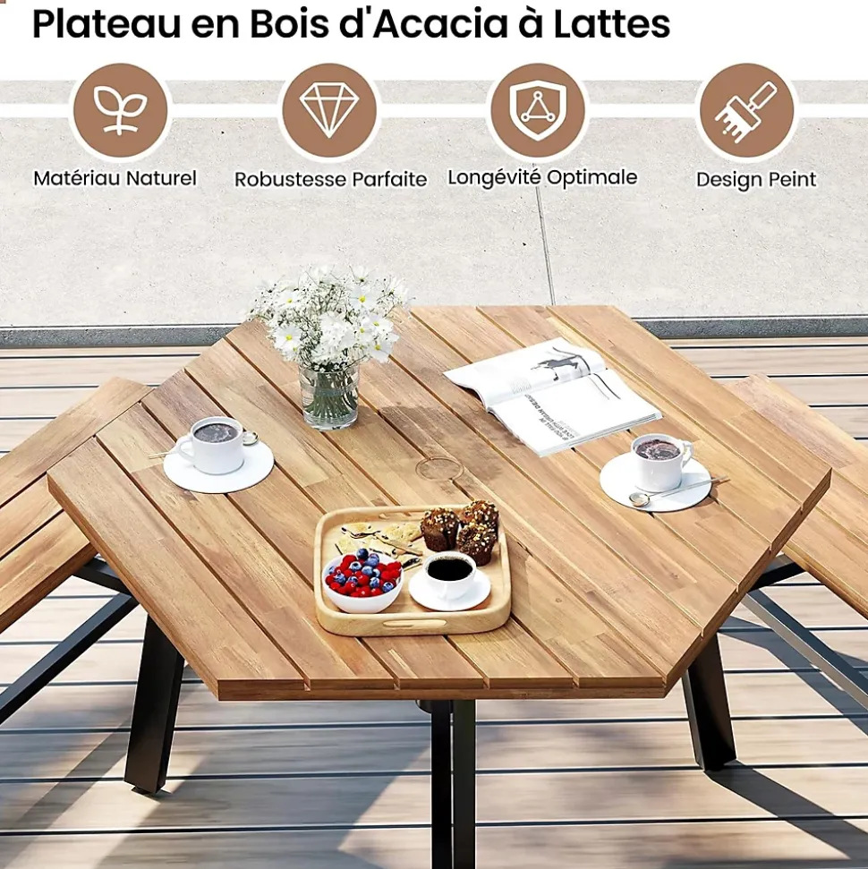 Table de Pique-Nique Jardin Exterieure en Bois d'Acacia pour 6 Personnes avec 3 Bancs Intégrés,avec Trou Parasol