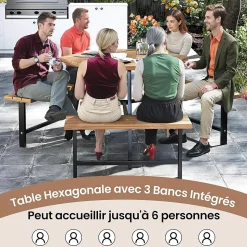 Table de Pique-Nique Jardin Exterieure en Bois d'Acacia pour 6 Personnes avec 3 Bancs Intégrés,avec Trou Parasol