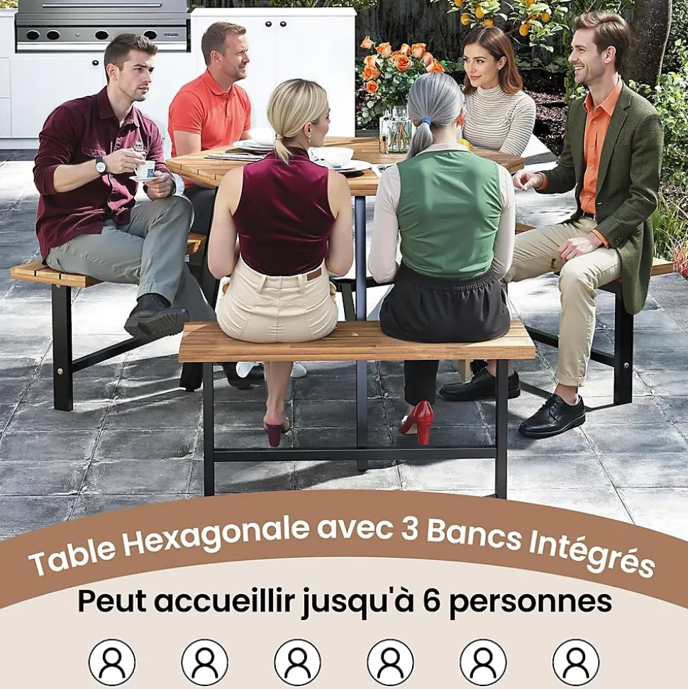 Table de Pique-Nique Jardin Exterieure en Bois d'Acacia pour 6 Personnes avec 3 Bancs Intégrés,avec Trou Parasol