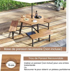 Table de Pique-Nique Jardin Exterieure en Bois d'Acacia pour 6 Personnes avec 3 Bancs Intégrés,avec Trou Parasol