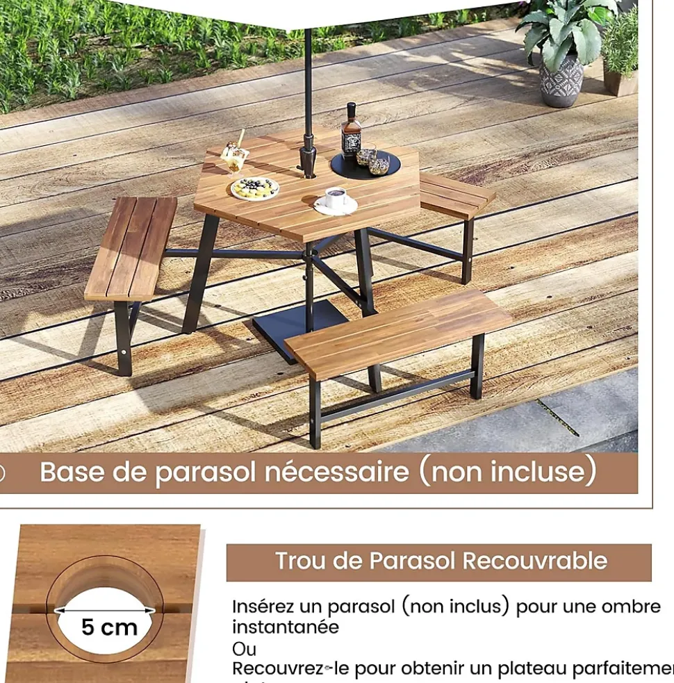 Table de Pique-Nique Jardin Exterieure en Bois d'Acacia pour 6 Personnes avec 3 Bancs Intégrés,avec Trou Parasol