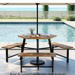 Table de Pique-Nique Jardin Exterieure en Bois d'Acacia pour 6 Personnes avec 3 Bancs Intégrés,avec Trou Parasol