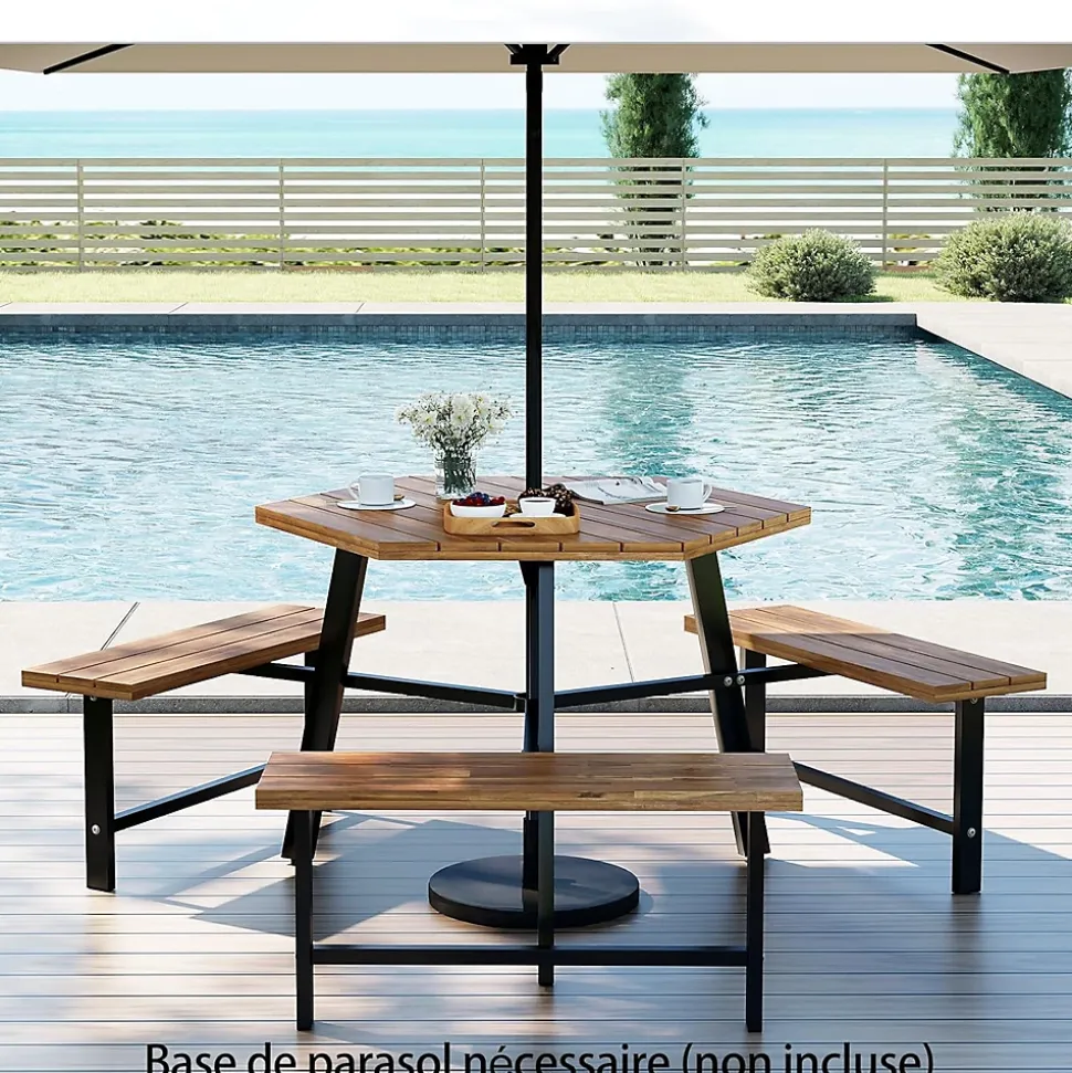 Table de Pique-Nique Jardin Exterieure en Bois d'Acacia pour 6 Personnes avec 3 Bancs Intégrés,avec Trou Parasol