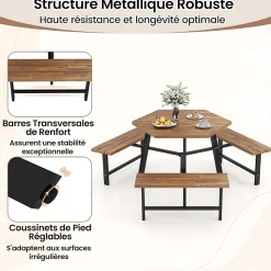 Table de Pique-Nique Jardin Exterieure en Bois d'Acacia pour 6 Personnes avec 3 Bancs Intégrés,avec Trou Parasol