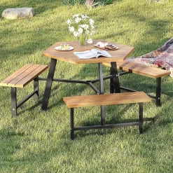 Table de Pique-Nique Jardin Exterieure en Bois d'Acacia pour 6 Personnes avec 3 Bancs Intégrés,avec Trou Parasol