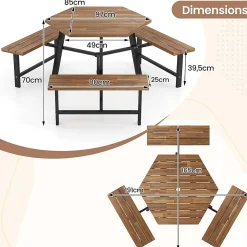 Table de Pique-Nique Jardin Exterieure en Bois d'Acacia pour 6 Personnes avec 3 Bancs Intégrés,avec Trou Parasol