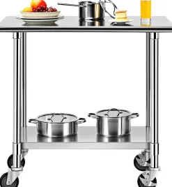 Table de Travail INOX Cuisine avec 2 Etageres Hauteur de Couche Inferieure Reglable 4 Roues en PU