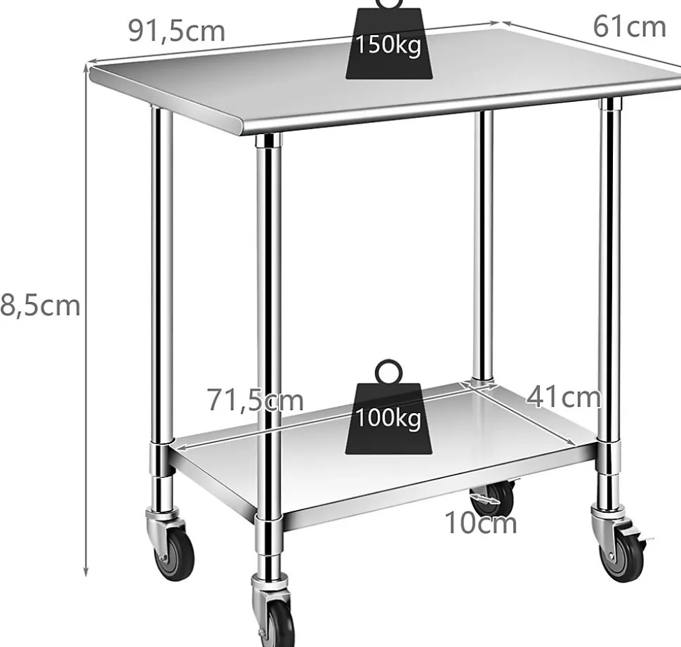 Table de Travail INOX Cuisine avec 2 Etageres Hauteur de Couche Inferieure Reglable 4 Roues en PU