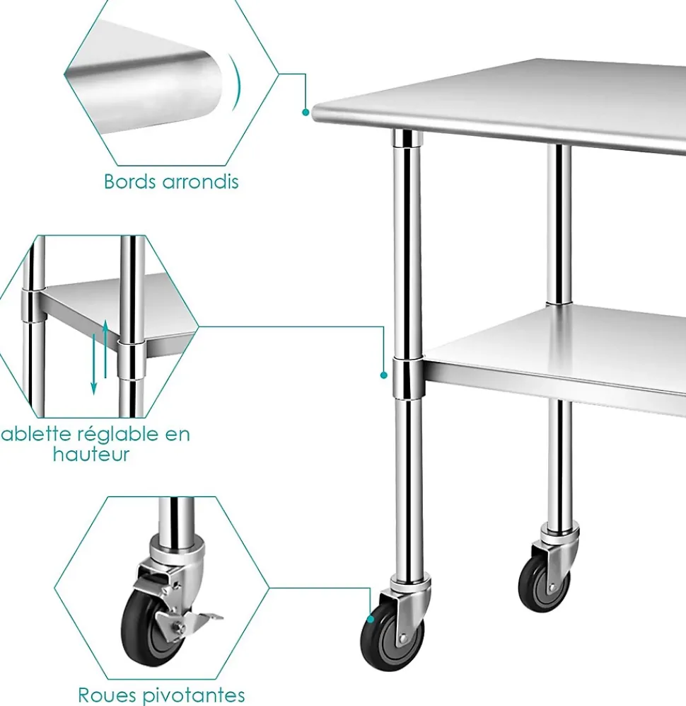 Table de Travail INOX Cuisine avec 2 Etageres Hauteur de Couche Inferieure Reglable 4 Roues en PU