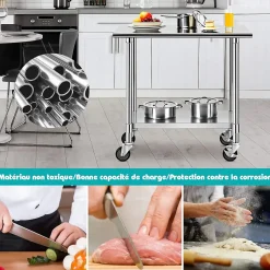 Table de Travail INOX Cuisine avec 2 Etageres Hauteur de Couche Inferieure Reglable 4 Roues en PU