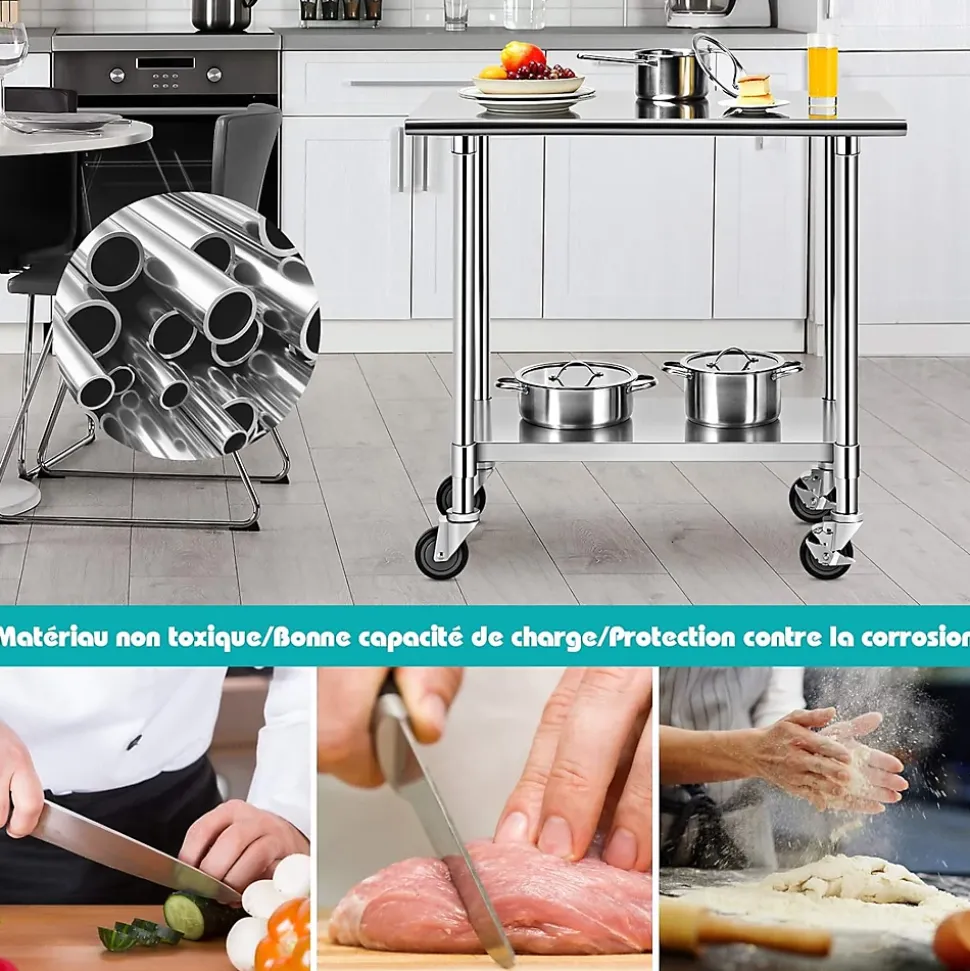 Table de Travail INOX Cuisine avec 2 Etageres Hauteur de Couche Inferieure Reglable 4 Roues en PU
