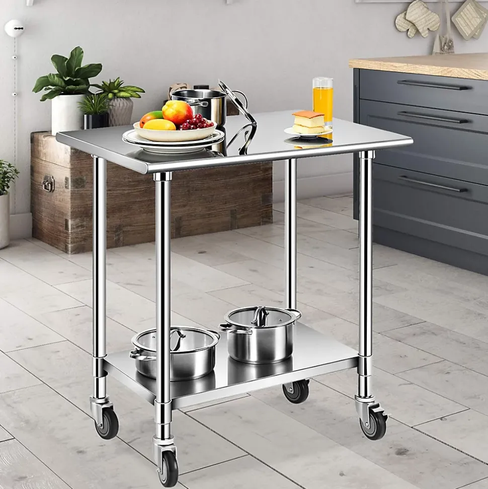 Table de Travail INOX Cuisine avec 2 Etageres Hauteur de Couche Inferieure Reglable 4 Roues en PU