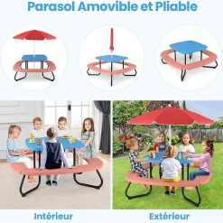 Table Enfant Exterieure avec 4 Bancs Intégrés,avec Parasol Réglable et Pliable, 8 Places,pour Intérieure et Extérieure (Bleu)