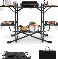 Table Pliante Extérieur Table de Cuisine de Camping avec 4 Tablettes Appoint Support de Rangement Sac de Transport