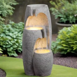 Teamson Home Fontaine 3 niveaux moderne LED cascade extérieure finition grise