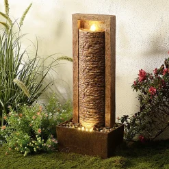 Teamson Home Fontaine colonne LED extérieure roche superposée finition marron