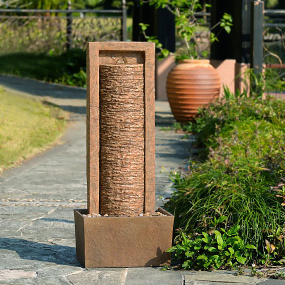 Teamson Home Fontaine colonne LED extérieure roche superposée finition marron