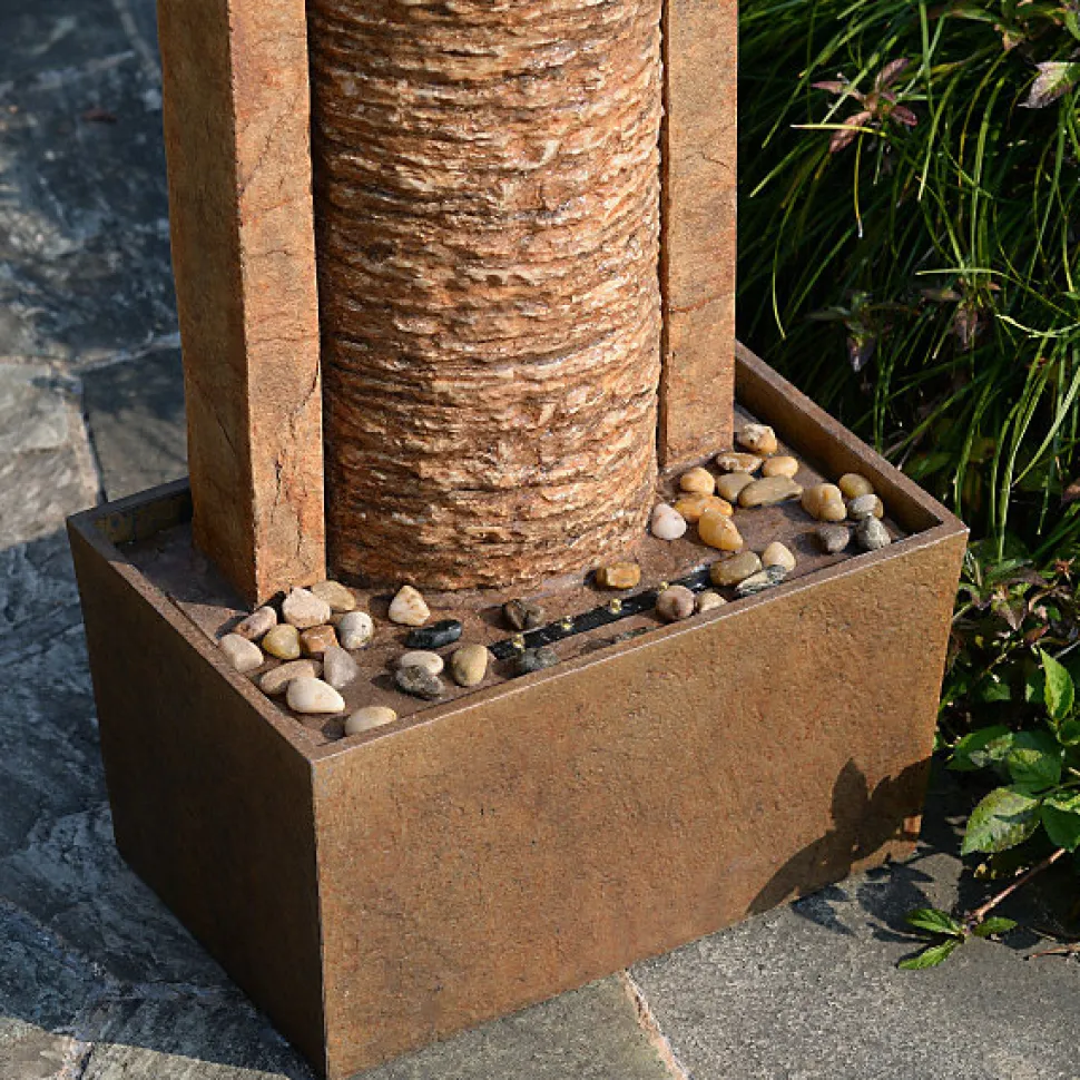 Teamson Home Fontaine colonne LED extérieure roche superposée finition marron
