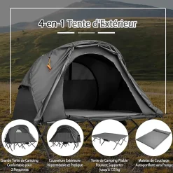 Tente Surélevée en Tissu Oxford Respirant avec Matelas Auto-gonflant, Tente de Camping Revêtement Imperméable