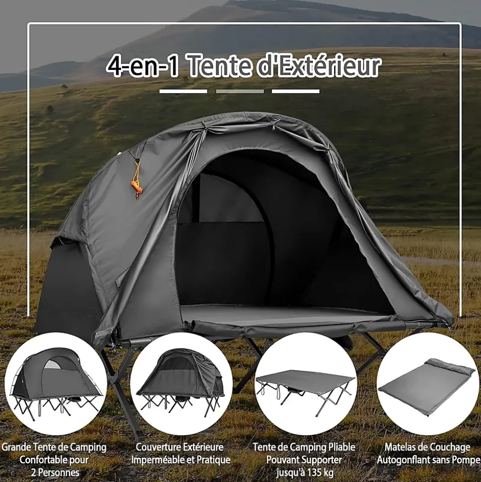 Tente Surélevée en Tissu Oxford Respirant avec Matelas Auto-gonflant, Tente de Camping Revêtement Imperméable