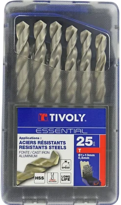 Tivoly - Coffret 25 forets métaux HSS taillés meulés pointe en croixD 1 à  13mm par 0,5mm