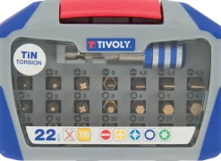 Tivoly - Coffret 22pcs d'embouts de vissage Torsion TIN, contient 3 PZ, 3PH, 7TX, 4HEX, 4FE, 1 Porte-Embouts