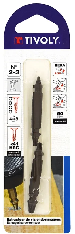 Tivoly - Lot de 2 Extracteurs de vis endommagées 2 doubles pointes - une pointe perçage, une pointe extraction