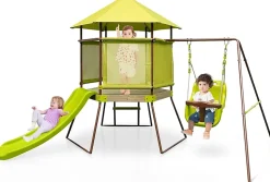 Toboggan 4 en 1 Aire de Jeux en Bois Réglable en Hauteur Cabane Enfant Couverte