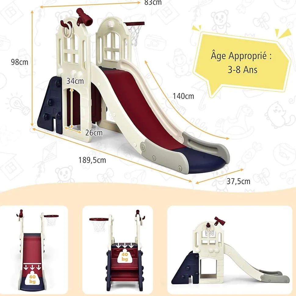 Toboggan pour Enfants, 6 en 1 avec Rail de Protection Haut, Pédale Détachable et Mur d'Escalade Pratique, Tunnel (Bleu)