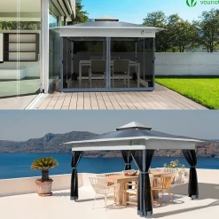 Tonnelle de jardin exterieure pliable avec moustiquaire Pop up 3.6x3.6m gris VOUNOT