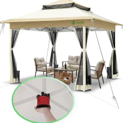 Tonnelle de jardin exterieure pliable avec moustiquaire Pop up 3.6x3.6m beige VOUNOT