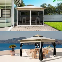Tonnelle de jardin exterieure pliable avec moustiquaire Pop up 3.6x3.6m beige VOUNOT