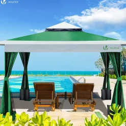 Tonnelle de jardin exterieure pliable avec moustiquaire 3.6x3.6m vert VOUNOT