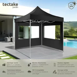 Tonnelle de jardin pliable 3 x 3 étanche avec 2 pièces latérales noir