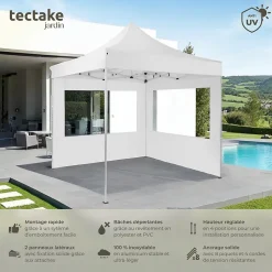 Tonnelle de jardin pliable 3 x 3 étanche avec 2 pièces latérales blanc