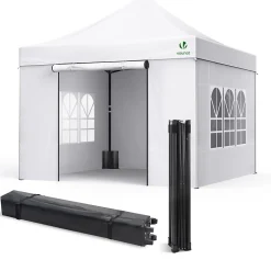 Tonnelle de jardin renforcée 3x3m pliable avec 4 parois et sac de transport a roulette blanche VOUNOT