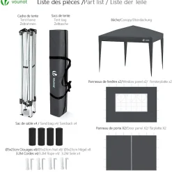 Tonnelle de Jardin 3x3m Pliable avec portes et fenêtres Gris VOUNOT