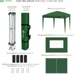 Tonnelle de Jardin 3x3m Pliable avec portes et fenêtres Vert VOUNOT