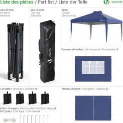 Tonnelle de Jardin 3x3m POP UP installation facile avec portes et fenetres Bleu VOUNOT