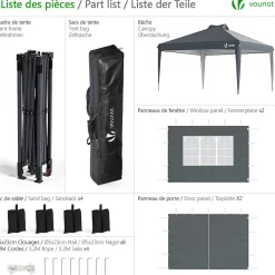 Tonnelle de Jardin 3x3m POP UP installation facile avec portes et fenetres Gris VOUNOT