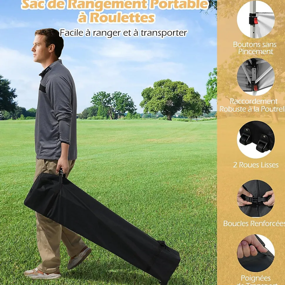 Tonnelle Pliante Demi-Parois, 266/276/286CM avec Sac à roulettes, 8 Piquets, 4 Sacs de Sable, Pavillon Pliable (3x3x2,86M,Blanc)