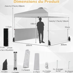 Tonnelle Pliante Demi-Parois, 266/276/286CM avec Sac à roulettes, 8 Piquets, 4 Sacs de Sable, Pavillon Pliable (3x3x2,86M,Blanc)