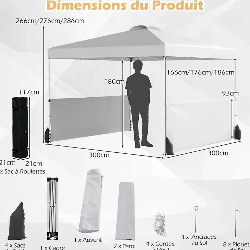 Tonnelle Pliante Demi-Parois, 266/276/286CM avec Sac à roulettes, 8 Piquets, 4 Sacs de Sable, Pavillon Pliable (3x3x2,86M,Blanc)