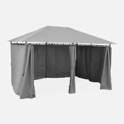 Tonnelle 3x4 m - Divio - Toile grise - Pergola avec rideaux. tente de jardin. barnum. chapiteau. réception