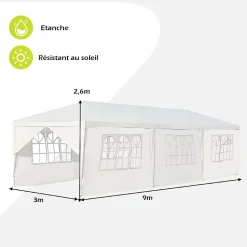 Tonnelle 3x9M Tente de Réception 8 Bâches avec Fenêtres Pergola avec Piquets et Cordes