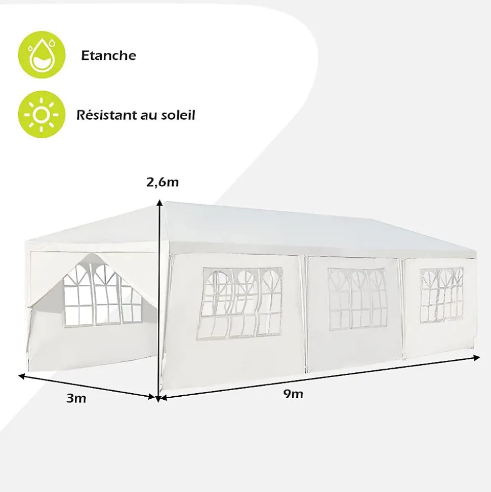 Tonnelle 3x9M Tente de Réception 8 Bâches avec Fenêtres Pergola avec Piquets et Cordes