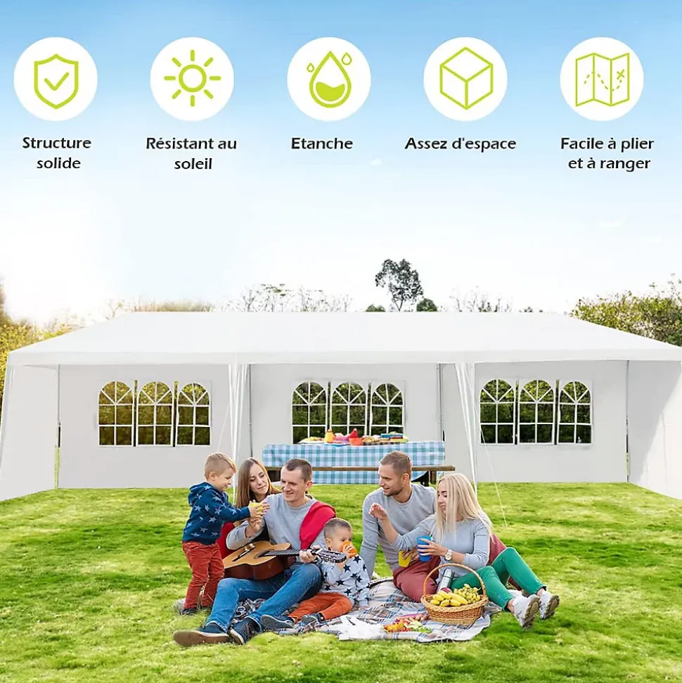 Tonnelle 3x9M Tente de Réception 8 Bâches avec Fenêtres Pergola avec Piquets et Cordes