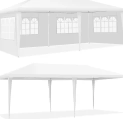 Tonnelle 3x6M Tente de Réception 4 Bâches avec Fenêtres Pergola,Piquets, Sac de Transport et Cordes Blanc