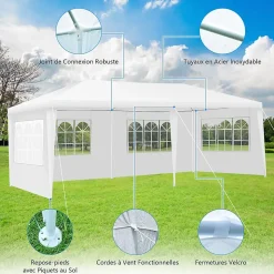 Tonnelle 3x6M Tente de Réception 4 Bâches avec Fenêtres Pergola,Piquets, Sac de Transport et Cordes Blanc