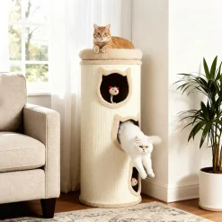 Tour à griffer pour chat - arbre à chat - 3 niches, 3 jouets, panier haut - sisal peluche beige